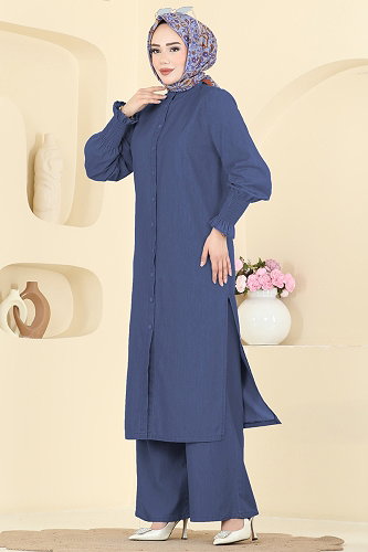 moda selvim Önden Düğmeli Tunik Takım 1308ANT466 Kot - Thumbnail