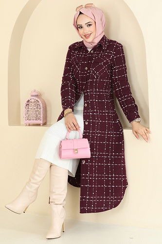 moda selvim Önden Düğmeli Tüvit Tunik 9052S324 Bordo - Thumbnail