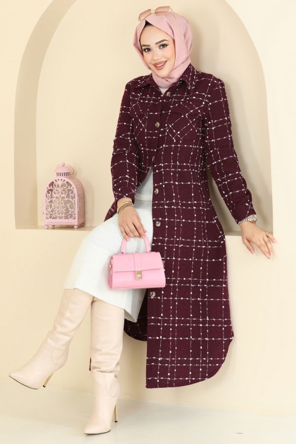 Modaselvim Tunik Önden Düğmeli Tüvit Tunik 9052S324 Bordo