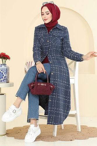 moda selvim Önden Düğmeli Tüvit Tunik 9052S324 İndigo - Thumbnail