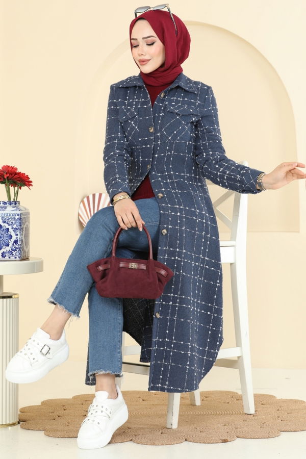 Modaselvim Tunik Önden Düğmeli Tüvit Tunik 9052S324 İndigo