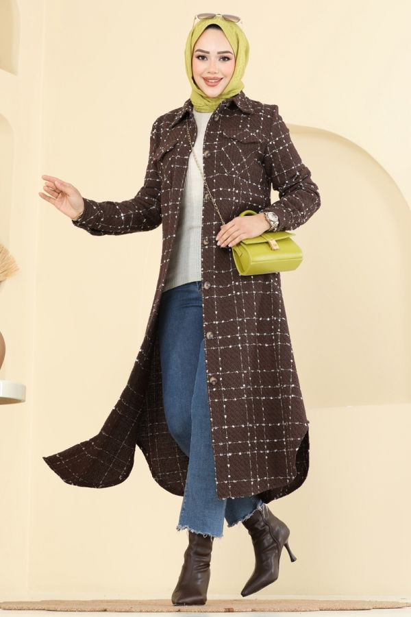 Modaselvim Tunik Önden Düğmeli Tüvit Tunik 9052S324 Kahve