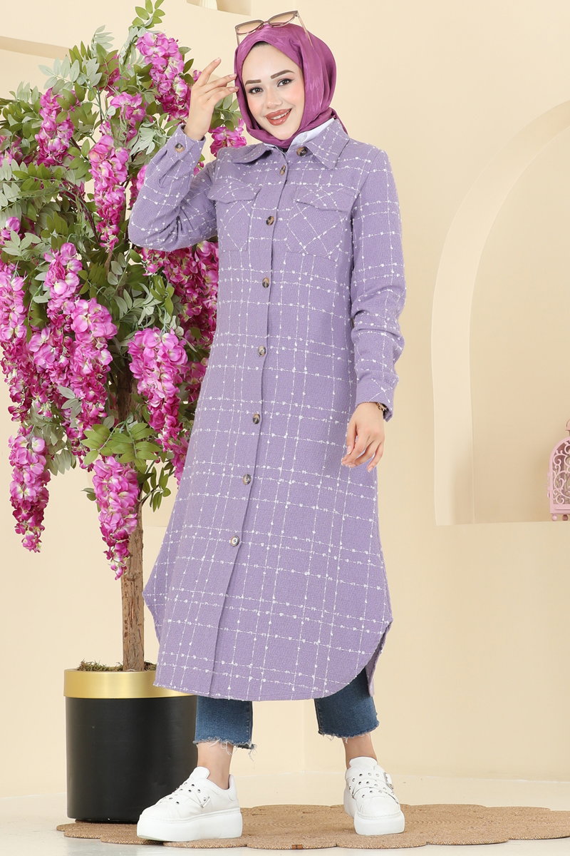 Önden Düğmeli Tüvit Tunik 9052S324 Lila