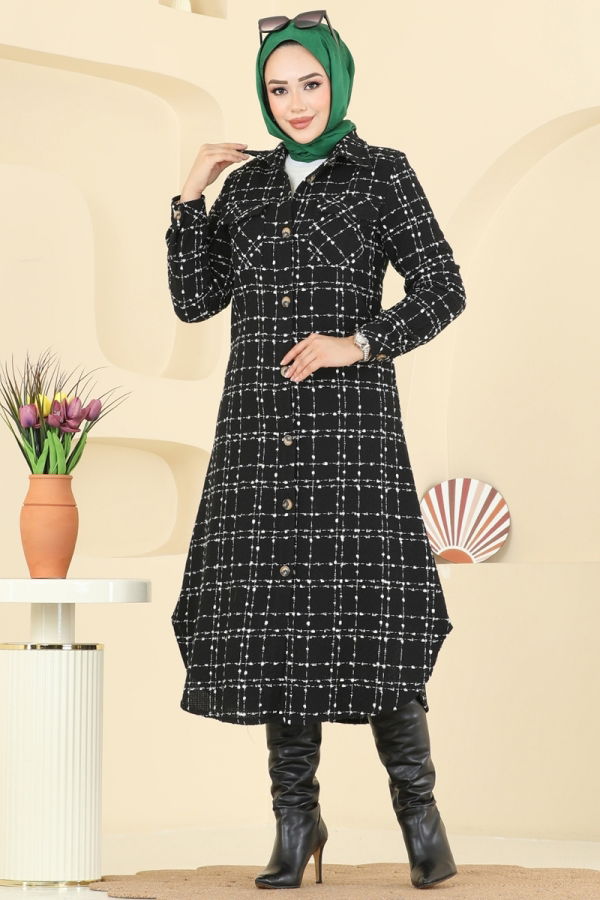 Modaselvim Tunik Önden Düğmeli Tüvit Tunik 9052S324 Siyah