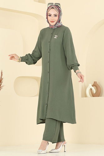 moda selvim Önden Düğmeli Üçlü Takım 6011UZ662 Haki - Thumbnail