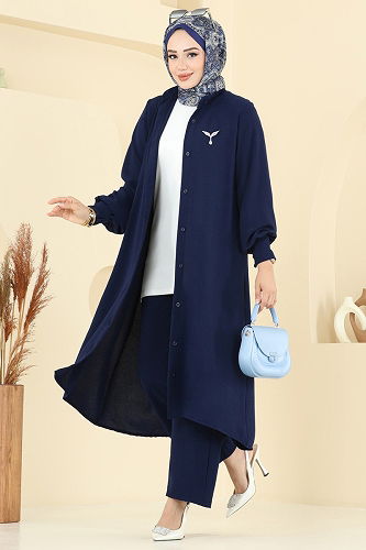 moda selvim Önden Düğmeli Üçlü Takım 6011UZ662 Laci - Thumbnail