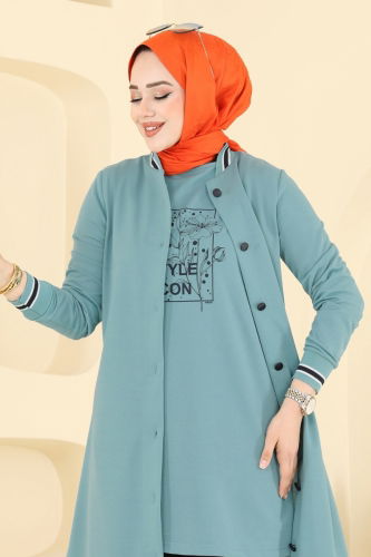 moda selvim Önden Düğmeli Üçlü Takım PL9134 Mint - Thumbnail