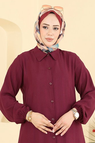 moda selvim Önden Düğmeli Uzun Tunik 127NZRK1200 Bordo - Thumbnail