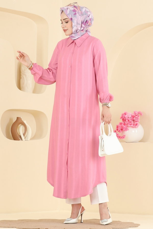 Modaselvim Tunik Önden Düğmeli Uzun Tunik 127NZRK1200 Pembe