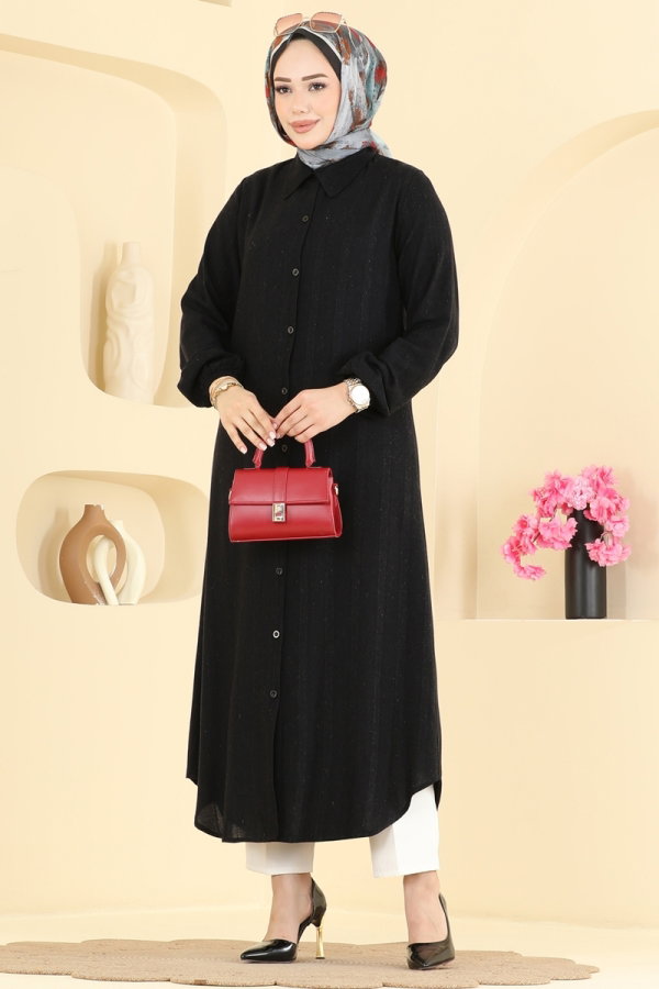 Modaselvim Tunik Önden Düğmeli Uzun Tunik 127NZRK1200 Siyah