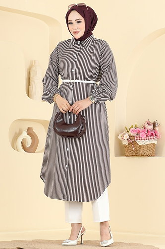 moda selvim Önden Düğmeli Uzun Tunik 4558PM271 Kahve - Thumbnail