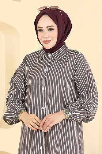 moda selvim Önden Düğmeli Uzun Tunik 4558PM271 Kahve - Thumbnail
