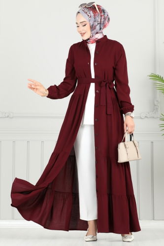 moda selvim Önden Düğmeli Viskon Elbise 1124BG354 Bordo - Thumbnail