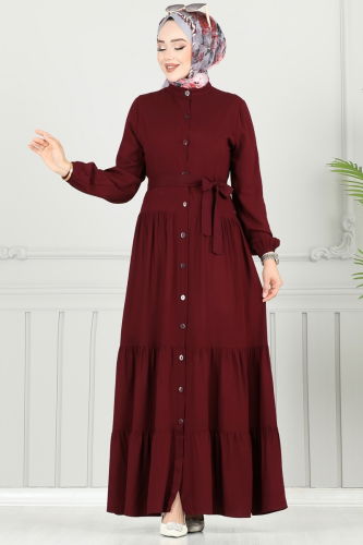 moda selvim Önden Düğmeli Viskon Elbise 1124BG354 Bordo - Thumbnail