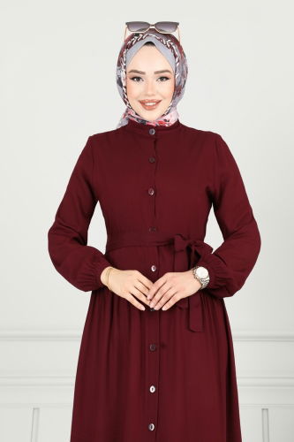 moda selvim Önden Düğmeli Viskon Elbise 1124BG354 Bordo - Thumbnail
