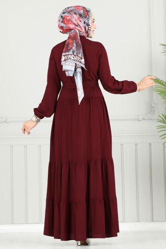 moda selvim Önden Düğmeli Viskon Elbise 1124BG354 Bordo - Thumbnail
