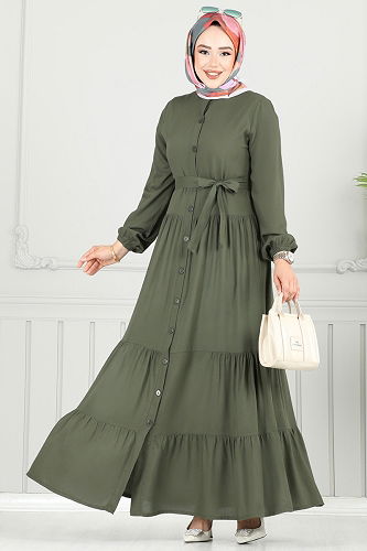 moda selvim Önden Düğmeli Viskon Elbise 1124BG354 Haki - Thumbnail