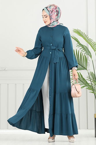 moda selvim Önden Düğmeli Viskon Elbise 1124BG354 Petrol - Thumbnail