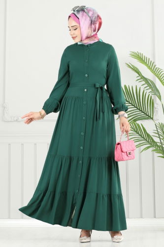 moda selvim Önden Düğmeli Viskon Elbise 1124BG354 Zümrüt - Thumbnail