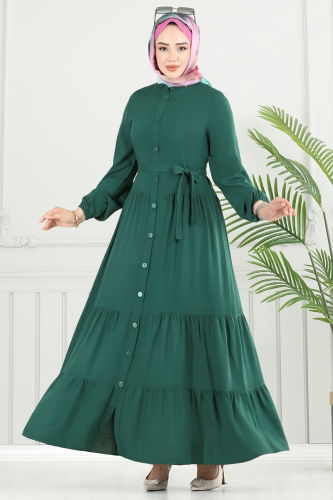 moda selvim Önden Düğmeli Viskon Elbise 1124BG354 Zümrüt - Thumbnail