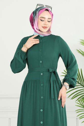 moda selvim Önden Düğmeli Viskon Elbise 1124BG354 Zümrüt - Thumbnail
