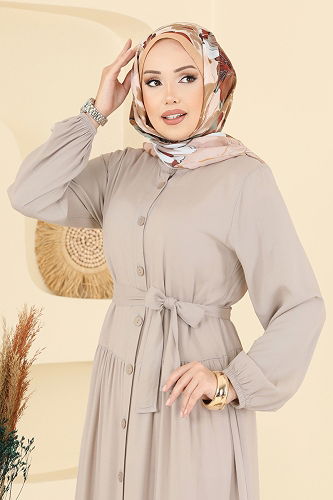 moda selvim Önden Düğmeli Viskon Elbise 1124ERK1158 Taş - Thumbnail