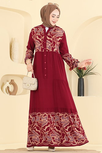 moda selvim Önden Düğmeli Viskon Elbise 5571ZNNK1102 Bordo - Thumbnail