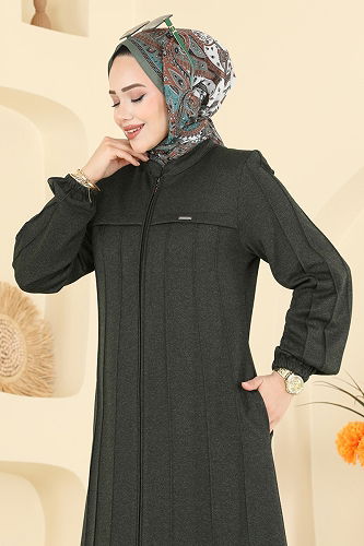 moda selvim Önden Fermuar Detaylı Ferace 2154OZT1013 Haki - Thumbnail