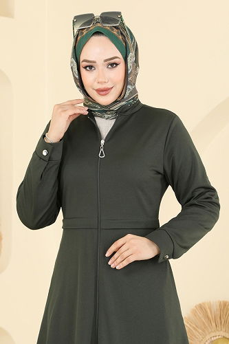 moda selvim Önden Fermuar Detaylı Ferace 23032UKB139 Haki - Thumbnail