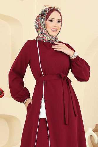 moda selvim Önden Fermuar Detaylı Takım 2767SL432 Bordo - Thumbnail