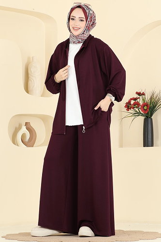 moda selvim Önden Fermuarlı 2 li Takım 0363ERK1158 Bordo - Thumbnail