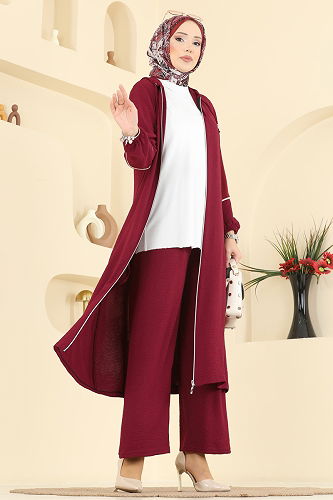 moda selvim Önden Fermuarlı Aeroobin Takım PL9189 Bordo - Thumbnail