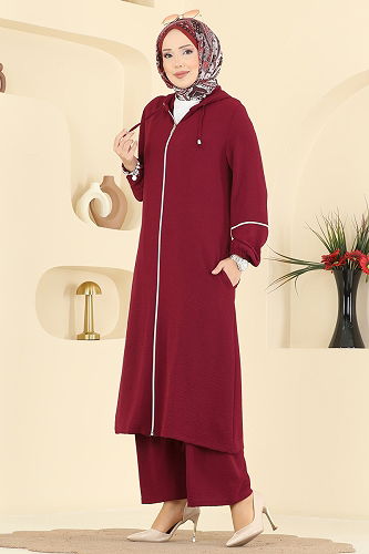 moda selvim Önden Fermuarlı Aeroobin Takım PL9189 Bordo - Thumbnail