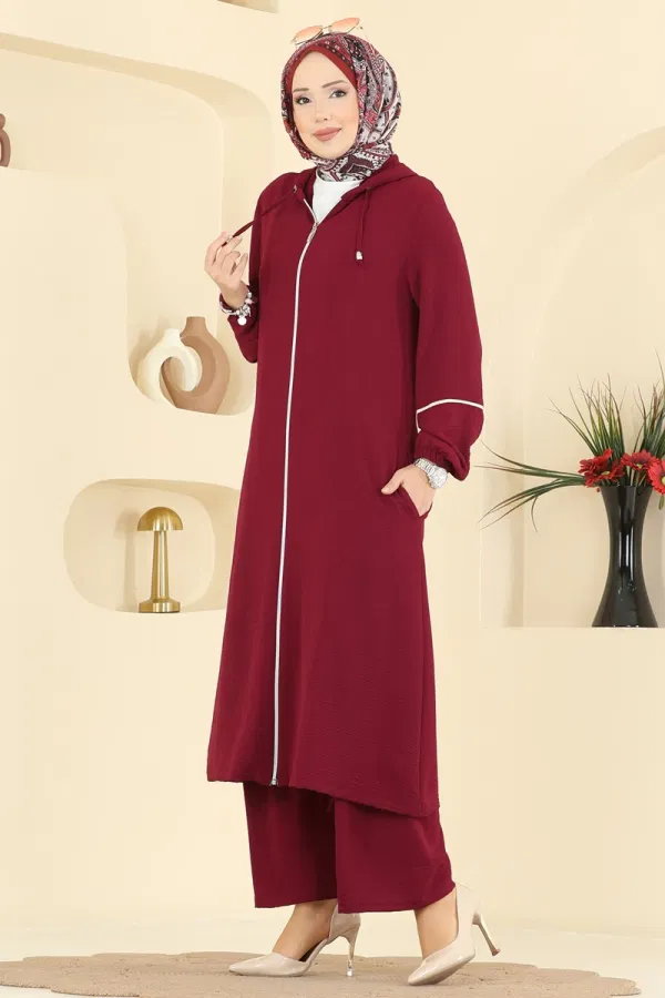 Modaselvim Kombin Önden Fermuarlı Aeroobin Takım PL9189 Bordo