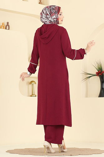 moda selvim Önden Fermuarlı Aeroobin Takım PL9189 Bordo - Thumbnail