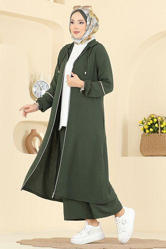 moda selvim Önden Fermuarlı Aeroobin Takım PL9189 Haki - Thumbnail