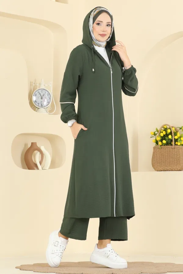 Modaselvim Kombin Önden Fermuarlı Aeroobin Takım PL9189 Haki