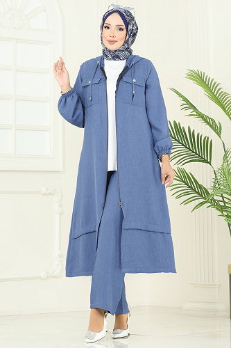 moda selvim Önden Fermuarlı Cepli Takım 2715SL432 İndigo - Thumbnail