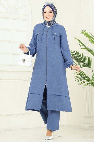 moda selvim Önden Fermuarlı Cepli Takım 2715SL432 İndigo - Thumbnail