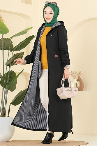 moda selvim Önden Fermuarlı Cepli Trençkot 2521MSA980 Siyah - Thumbnail