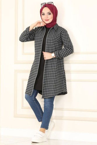moda selvim Önden Fermuarlı Ekose Tunik 1013AKT473 Antrasit - Thumbnail