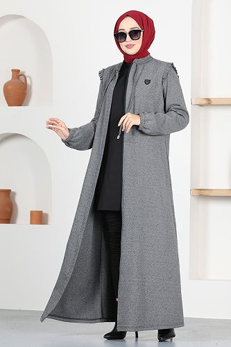 moda selvim Önden Fermuarlı Ferace MSL9043-M Gri - Thumbnail