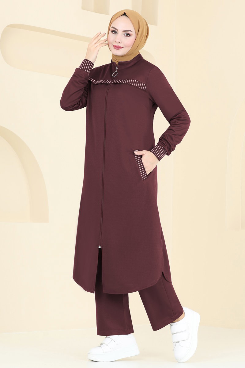Önden Fermuarlı Garnili Takım 2554SL432 Bordo