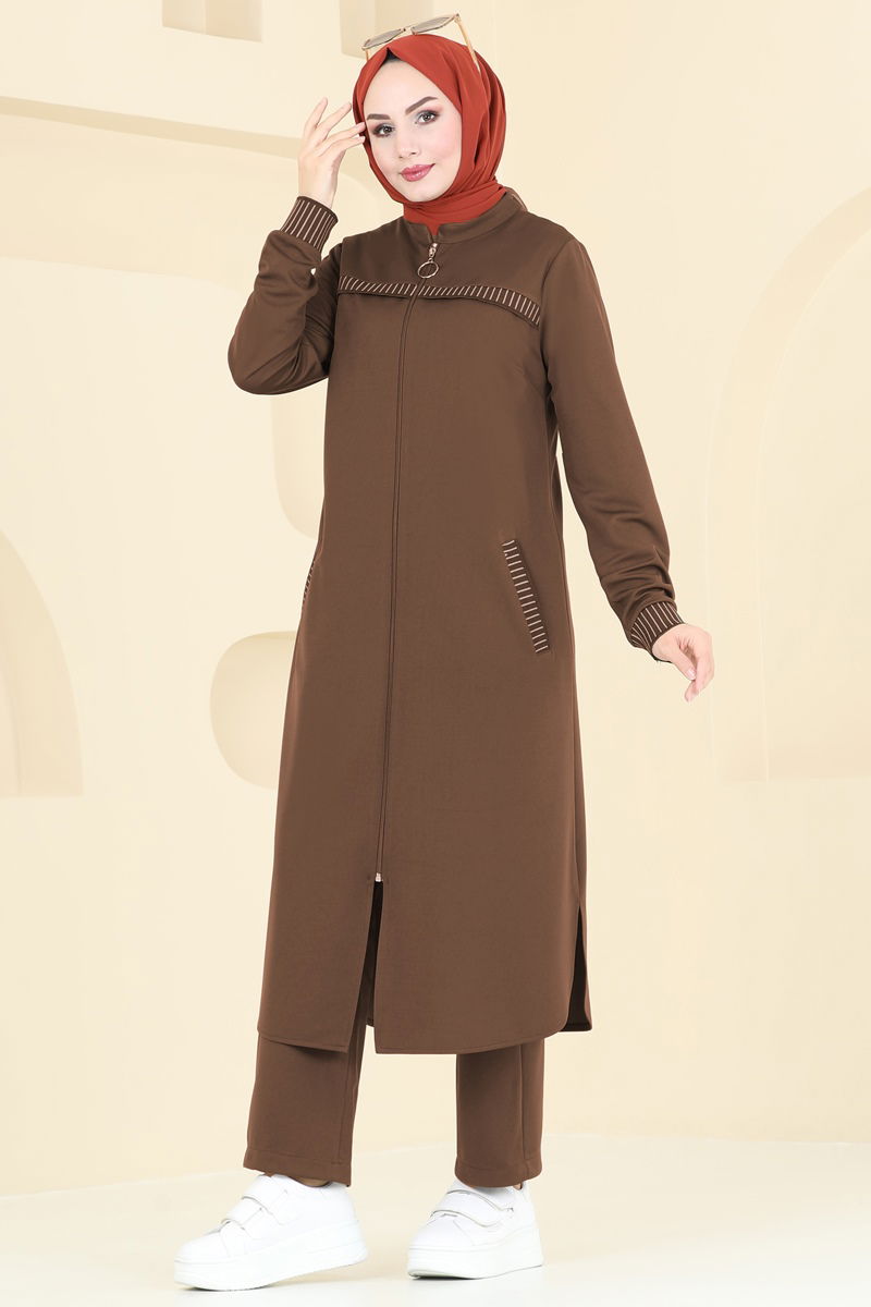 Önden Fermuarlı Garnili Takım 2554SL432 Kahve