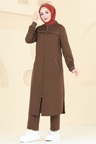 moda selvim Önden Fermuarlı Garnili Takım 2554SL432 Kahve - Thumbnail