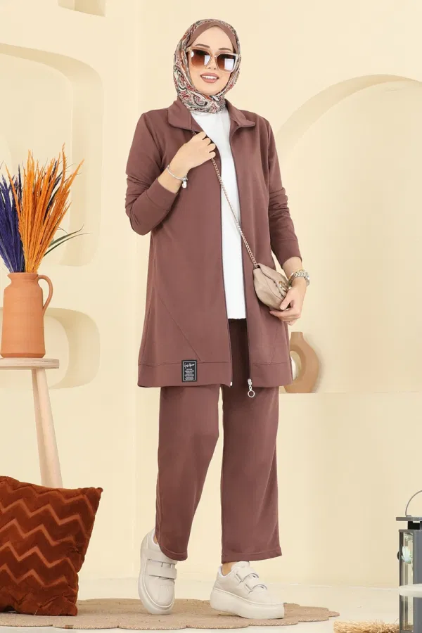 Modaselvim Kombin Önden Fermuarlı İki İp Takım PL9176 Koyu Vizyon