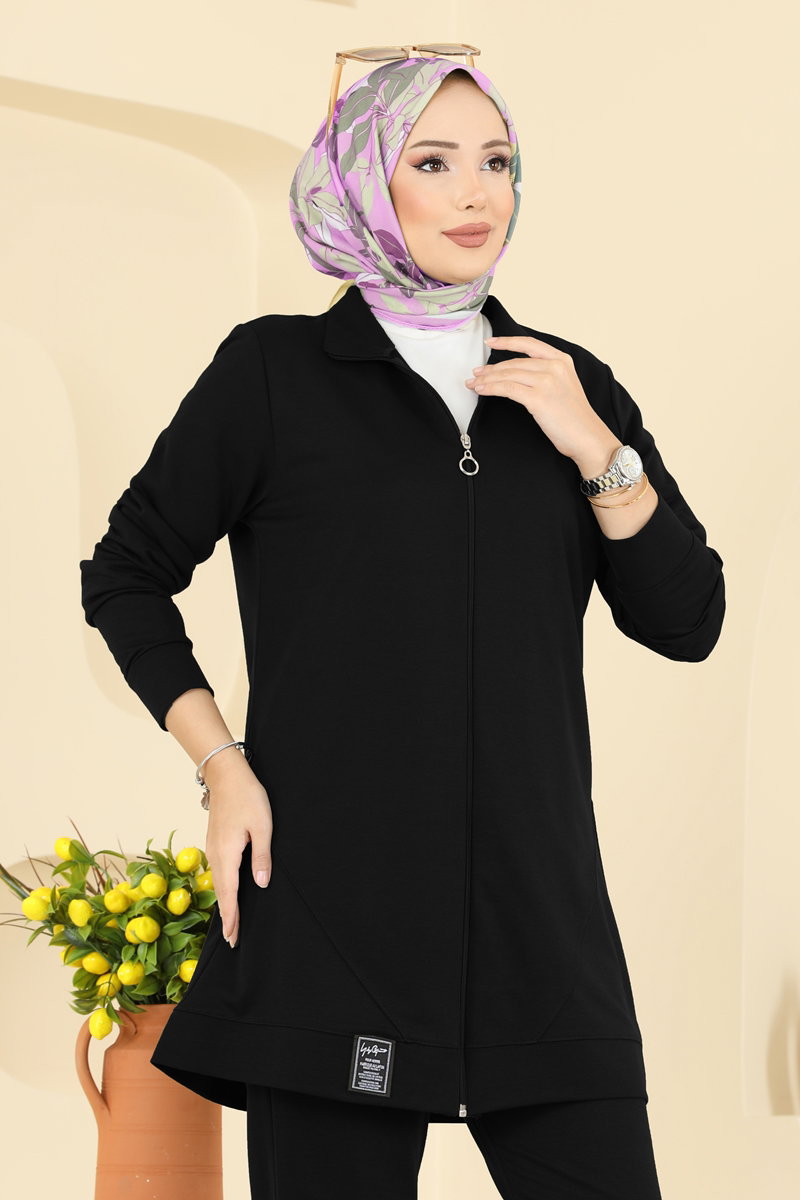 Önden Fermuarlı İki İp Takım PL9176 Siyah
