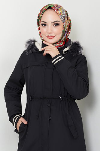 moda selvim Önden Fermuarlı Kaban MSS0853-M Siyah - Thumbnail