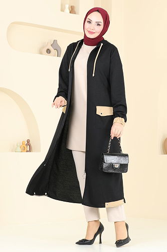 moda selvim Önden Fermuarlı Kap PL9122 Siyah - Thumbnail