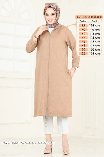 moda selvim Önden Fermuarlı Keten Kap 3048KTR750 Açık Kahve - Thumbnail